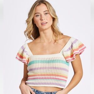 Uncharted Threads Womens Striped Knit Ruffle Sleeve Square Neck Top Size XL